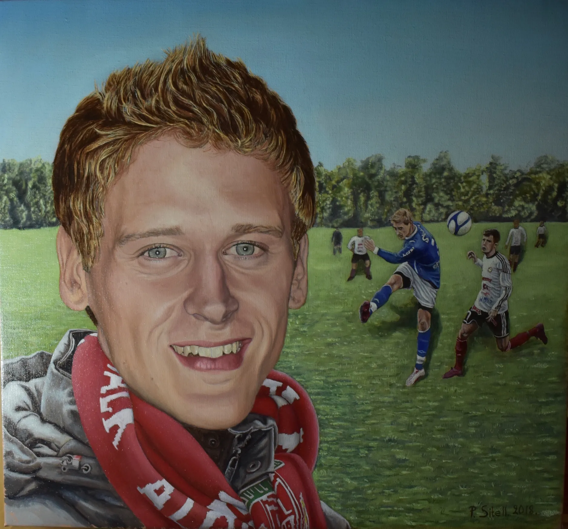Målat porträtt av Andreas Waldo i Liverpoolhalsduk